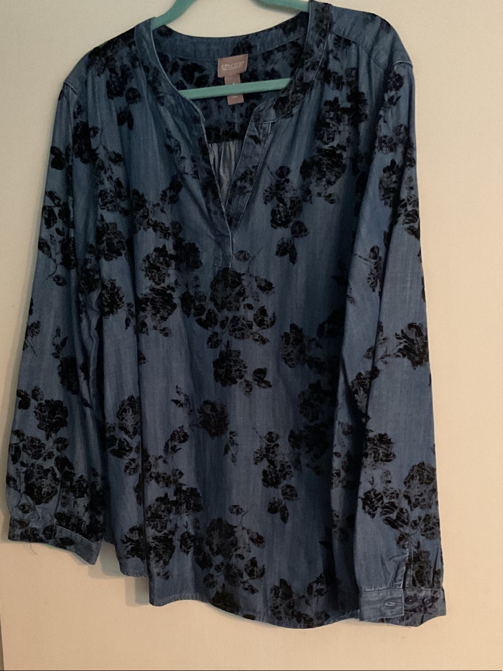 Chico's Blue Tunic with Black Floral Burnout